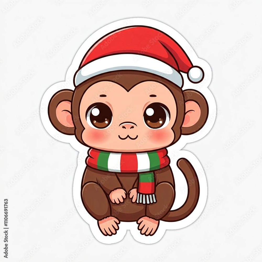 cute chibi monkey, wearing a Santa hat and Christmas scarf. Sticker style frame, plain white background.
cute chibi monkey, wearing a Santa hat and Christmas scarf. Sticker style frame, plain white background.