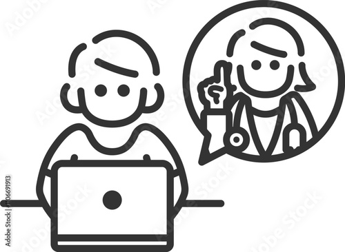 ノートパソコンで、オンライン診療を受ける、正面から見た男性のアイコン（線画）のイラスト