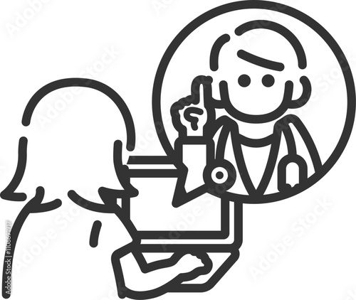 ノートパソコンで、オンライン診療を受ける、後ろ姿の女性のアイコン（線画）のイラスト