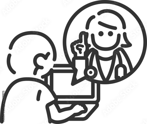 ノートパソコンで、オンライン診療を受ける、後ろ姿の男性のアイコン（線画）のイラスト