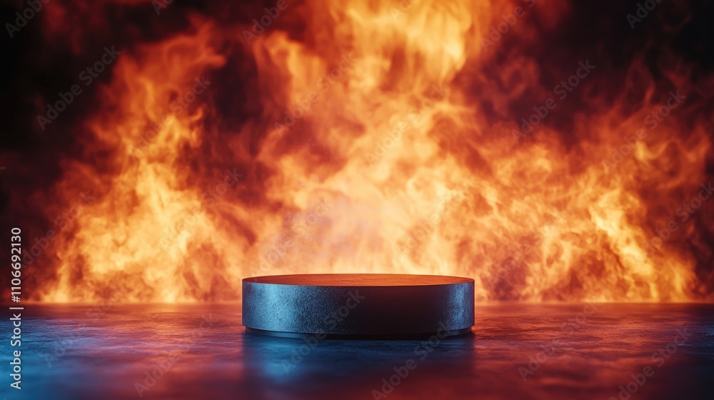 Black Circular Pedestal in Front of Fiery Background Black Circular Pedestal in Front of Fiery Background