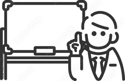 ホワイトボードを使って、プレゼンテーションする、ビジネスマンのアイコン（線画）のイラスト