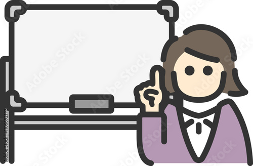ホワイトボードを使って、プレゼンテーションする、ビジネスウーマンのアイコン（線画カラー）のイラスト