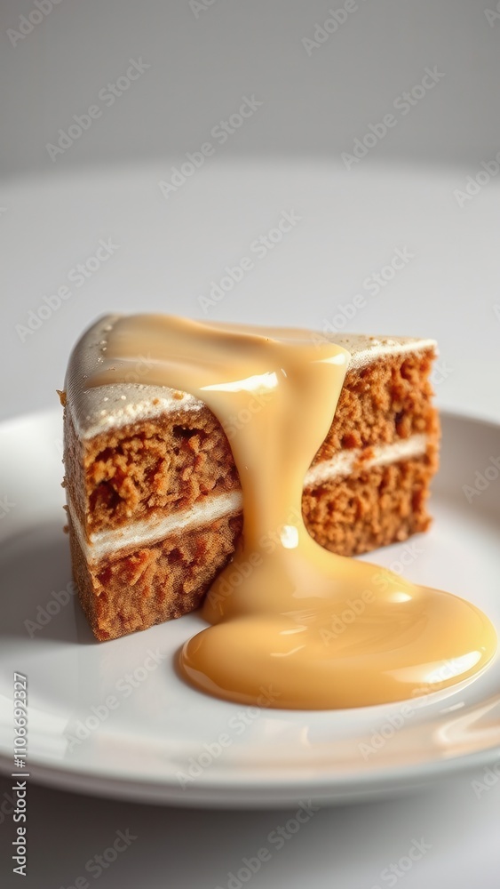 A delicious slice of carrot cake with creamy sauce on a clean plate , , dessert plate, white background A delicious slice of carrot cake with creamy sauce on a clean plate , , dessert plate, white background