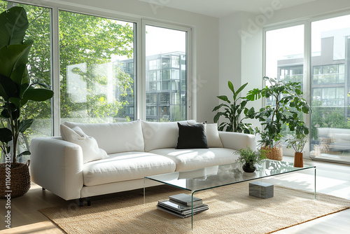 Elegant Scandinavian living room with a minimalist white sofa, sleek glass coffee table, and natural light streaming through floor-to-ceiling windows