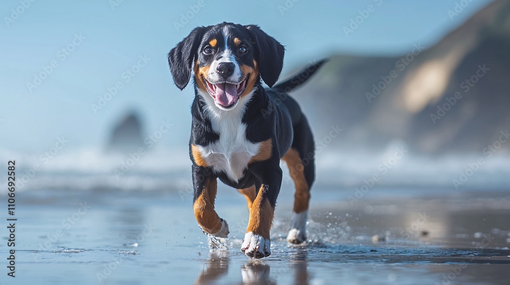 Happy Sennenhund Puppy Running on the Beach Happy Sennenhund Puppy Running on the Beach