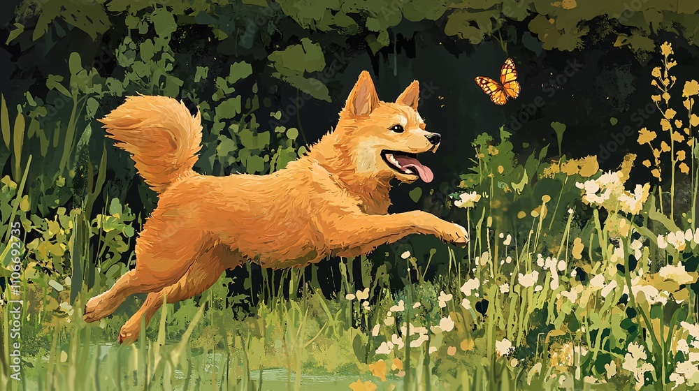 Fototapeta premium Finnish Spitz Dog Chasing Butterfly in Wildflower Meadow