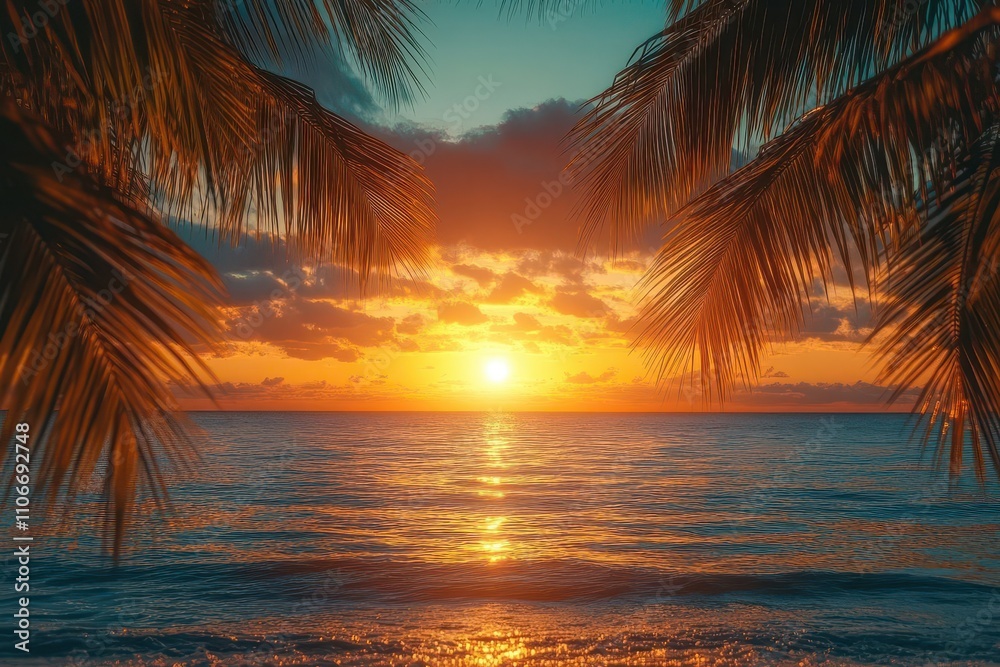 Naklejka premium tropical green palm leaves cut out against a vibrant sunset, casting intricate shadows on a shimmering sea, evoking a serene and exotic atmosphere