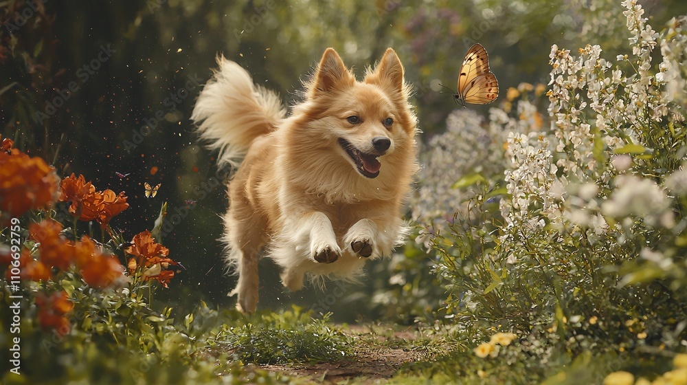 Joyful Golden Dog Running Through a Flower Garden, Chasing a Butterfly Joyful Golden Dog Running Through a Flower Garden, Chasing a Butterfly