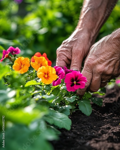 A gardener plants vibrant flowers in lush soil, showcasing nature's beauty and a nurturing spirit.