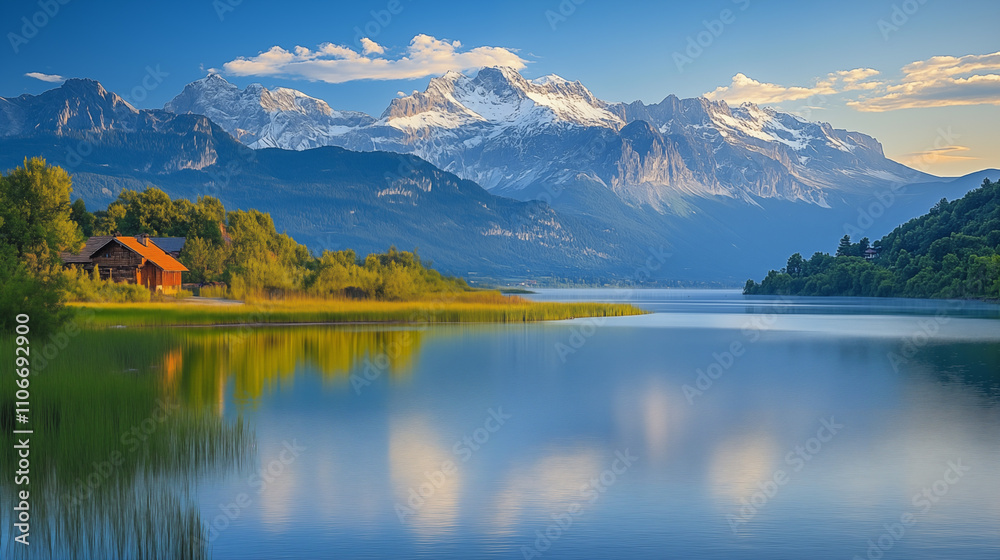 Fototapeta premium A serene landscape photograph showcasing a tranquil lake nestled between majestic, snow-capped mountains