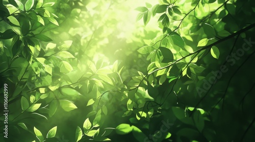 Sunlight streaming through green leaves nature scene close-up photography forest environment natural beauty concept