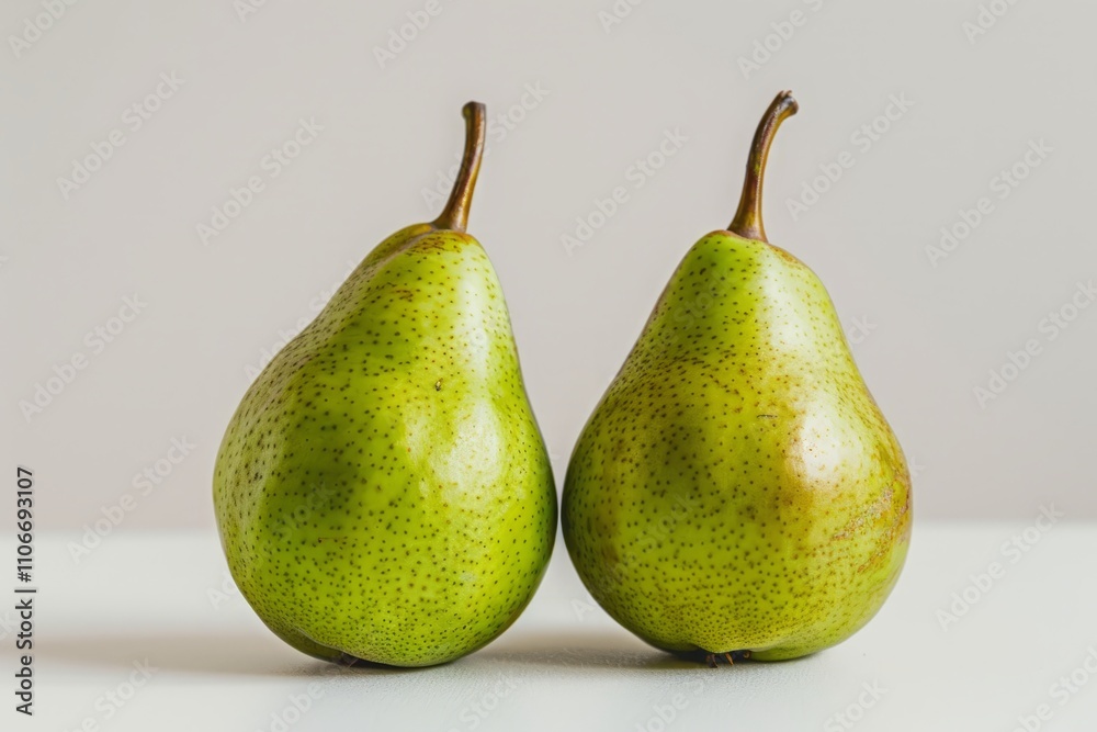 Two Green Pears with Stems on a White Surface.