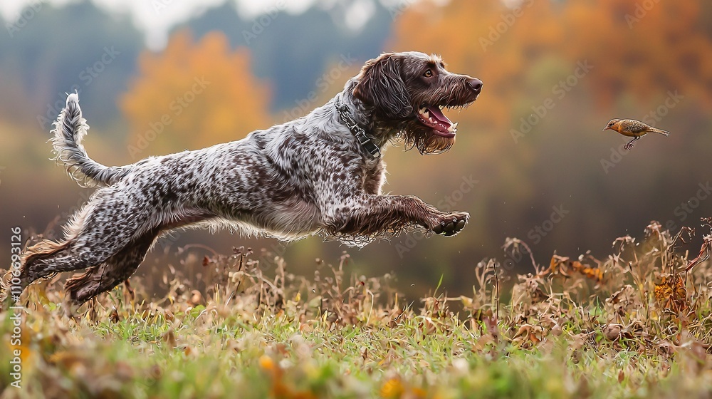 German Wirehaired Pointer Dog Leaping Towards Bird in Autumnal Field German Wirehaired Pointer Dog Leaping Towards Bird in Autumnal Field