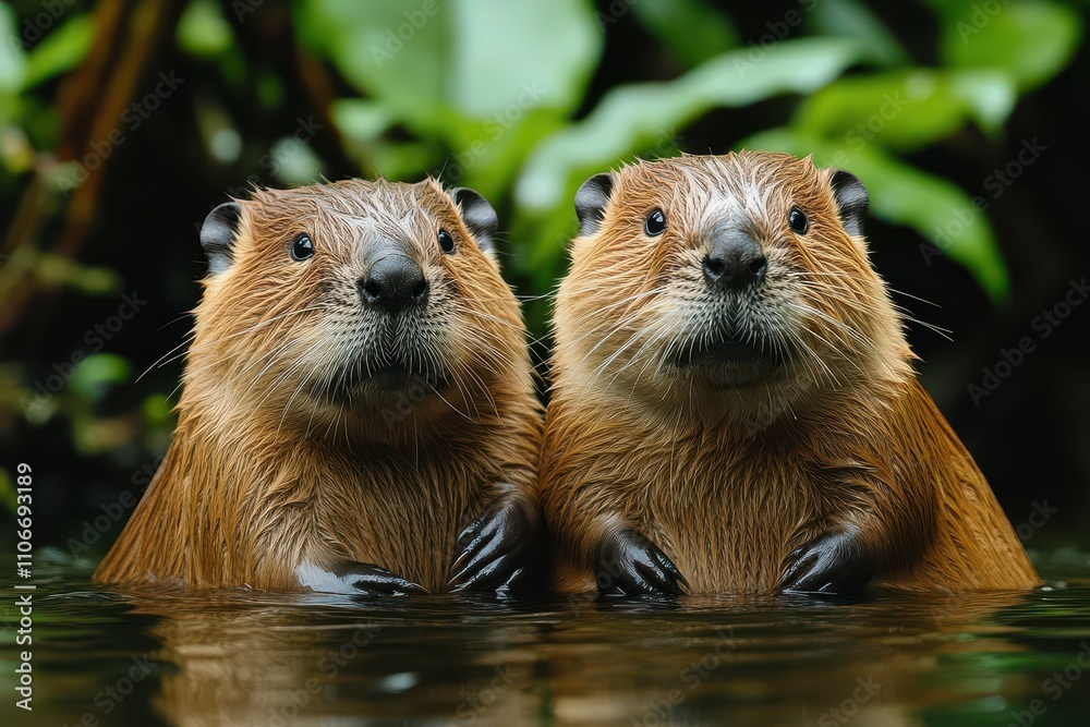 two beavers, alert and aware, sitting by a tranquil river, showcasing their teamwork and bond in a serene natural setting, surrounded by lush greenery and flowing water two beavers, alert and aware, sitting by a tranquil river, showcasing their teamwork and bond in a serene natural setting, surrounded by lush greenery and flowing water