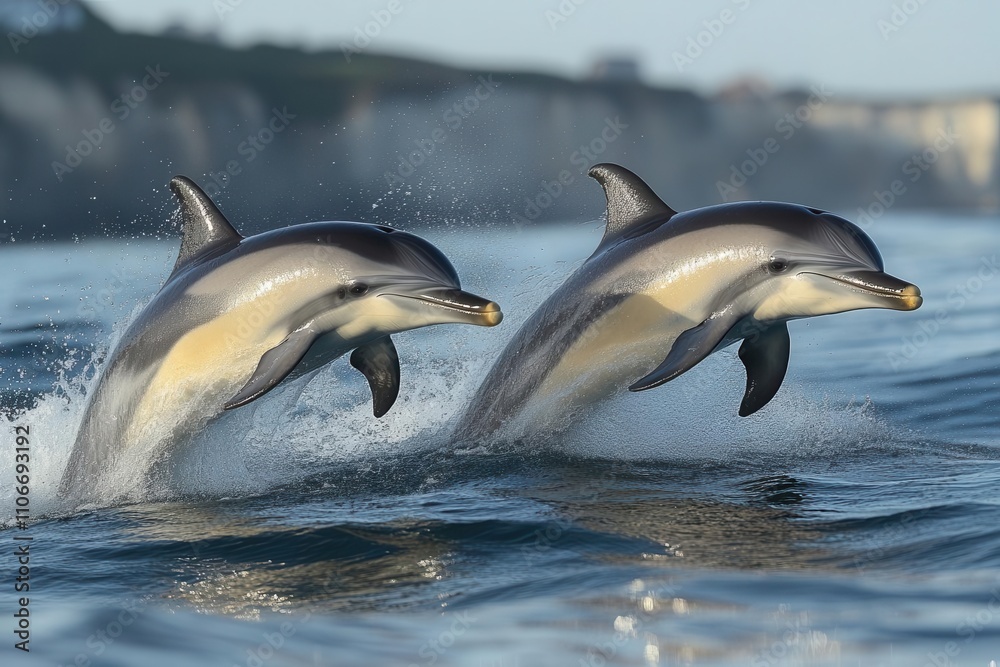 Fototapeta premium two dolphins gracefully leaping out of the sparkling ocean under a radiant sun, embodying joy and freedom in a vibrant coastal setting, capturing the essence of marine life and natural beauty