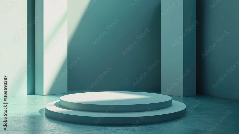 Two-Tiered Circular Platform in a Teal Room with Walls and Sunlight Two-Tiered Circular Platform in a Teal Room with Walls and Sunlight
