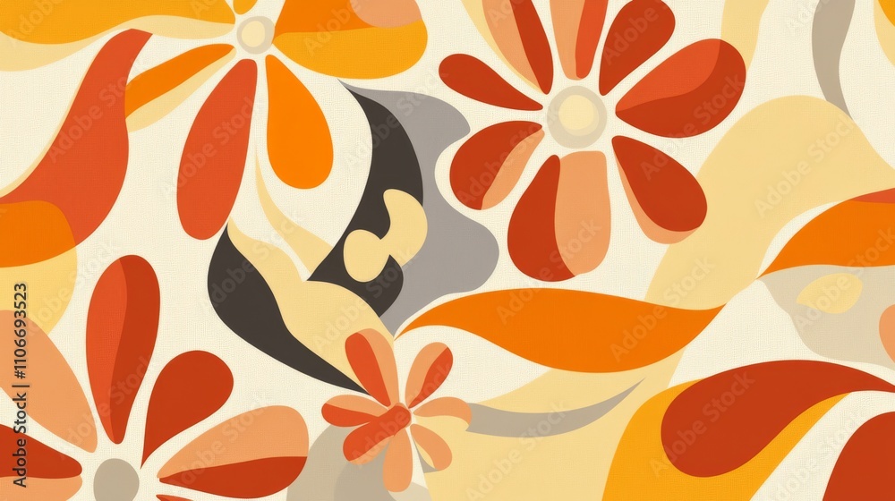9.Abstract 60's-inspired floral design with oversized, groovy flower shapes in warm, muted tones. The seamless pattern incorporates flowing lines and retro color schemes, creating a harmonious and 9.Abstract 60's-inspired floral design with oversized, groovy flower shapes in warm, muted tones. The seamless pattern incorporates flowing lines and retro color schemes, creating a harmonious and