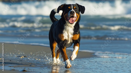 Happy Greater Swiss Mountain Dog Running on the Beach