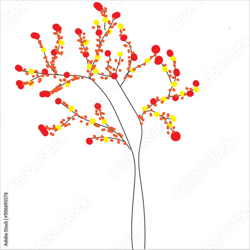 Simple line drawing art illustration of a tree with red and yellow fruits, symbolizing abundance and vitality. for nature-themed designs, creating a cheerful and optimistic atmosphere.