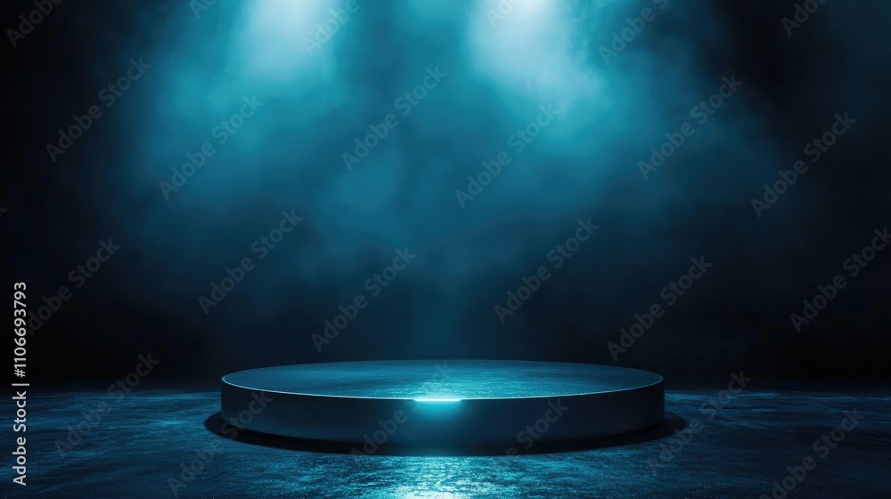 Dark Blue Platform Lit By Two Spotlights In Smoky Setting Dark Blue Platform Lit By Two Spotlights In Smoky Setting