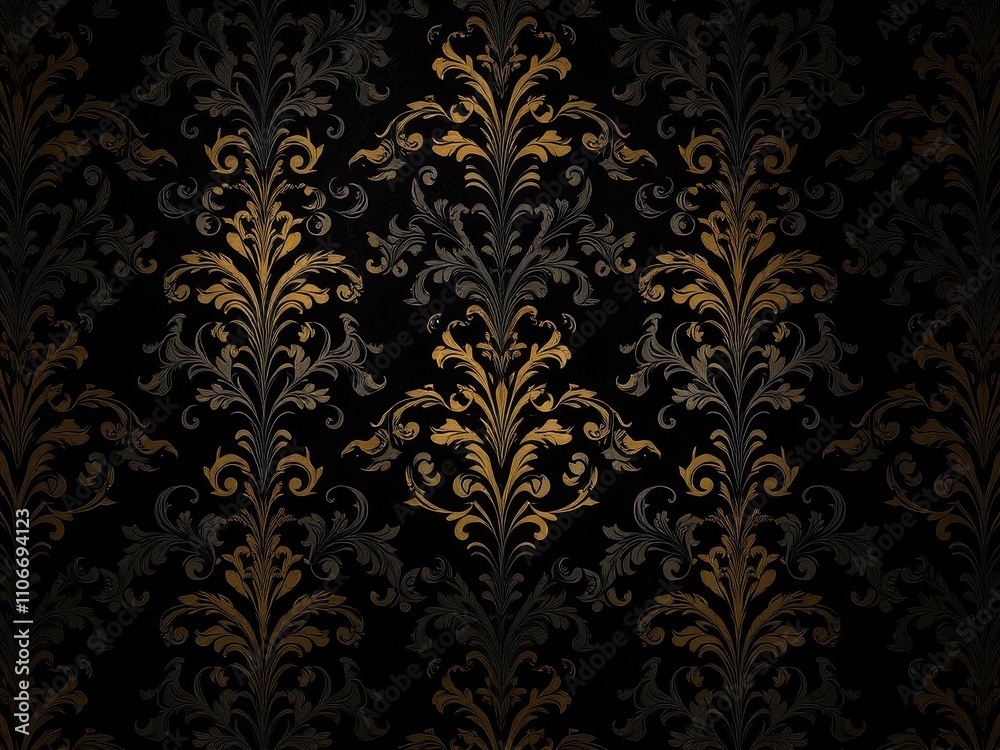 High-Contrast Damask Wallpaper with Dark Gradients, dramatic effect, room decoration High-Contrast Damask Wallpaper with Dark Gradients, dramatic effect, room decoration