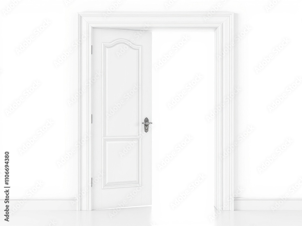 Modern white wooden interior door with a subtle ledge and ornate metal hardware in an open position isolated on a bright white background, ornate metal hardware, minimalist interior Modern white wooden interior door with a subtle ledge and ornate metal hardware in an open position isolated on a bright white background, ornate metal hardware, minimalist interior