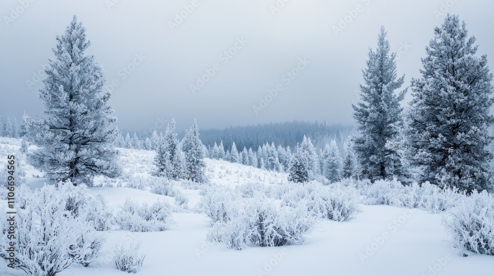 Fototapeta premium A snowy wilderness scene with pine trees covered in frost and a serene landscape.