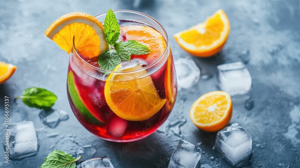 A refreshing glass of sangria garnished with slices of orange, lemon, and lime A refreshing glass of sangria garnished with slices of orange, lemon, and lime
