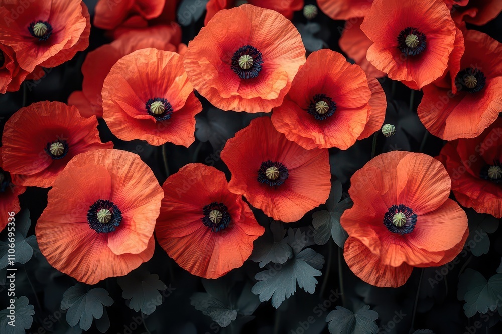 Obraz premium vibrant poppy flowers drenched in rich red tones, contrasting against a velvety black background, creating a dramatic and captivating visual