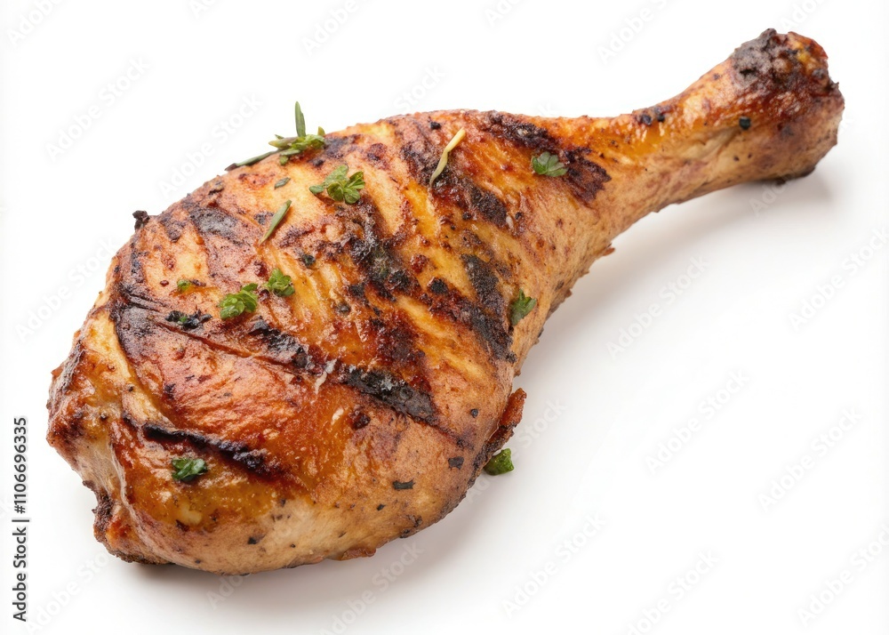 Tasty Grilled Chicken Leg on White Background - BBQ Food, Delicious Meal, Cookout, Barbecue, Grilled Delicacy, Summer Feast, Culinary Delight Tasty Grilled Chicken Leg on White Background - BBQ Food, Delicious Meal, Cookout, Barbecue, Grilled Delicacy, Summer Feast, Culinary Delight
