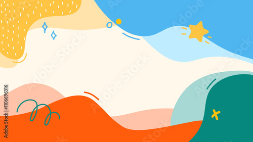 Vector illustration. Hand drawn fun memphis pattern, doodle shapes and lines. Colorful design elements for web banner, website template, horizontal wallpaper. Bright color palette. Childish backdrop