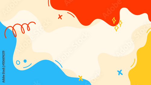 Vector illustration. Hand drawn fun memphis pattern, doodle shapes and lines. Colorful design elements for web banner, website template, horizontal wallpaper. Bright color palette. Childish backdrop
