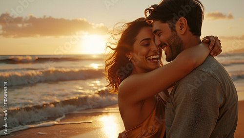 Romantic man proposing to woman on beach at sunset and hugging, embracing or holding his girlfriend after she says yes. Happy, smiling or excited couple getting engaged with a ring near sea or ocean 