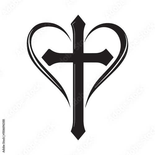 Christian cross inside the heart  black and white religious cross stock image vector isolated on white background