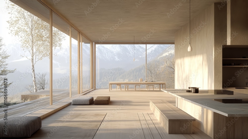 Scandinavian style minimalist home design, using neutral tones and natural materials, showcases ultra detailed interior design, creating a peaceful, elegant, and comfortable modern living space.