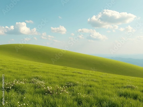 A rolling hill covered in a thick layer of fresh spring green grass, wildflowers, scenic views, flora, rolling hills, terrain