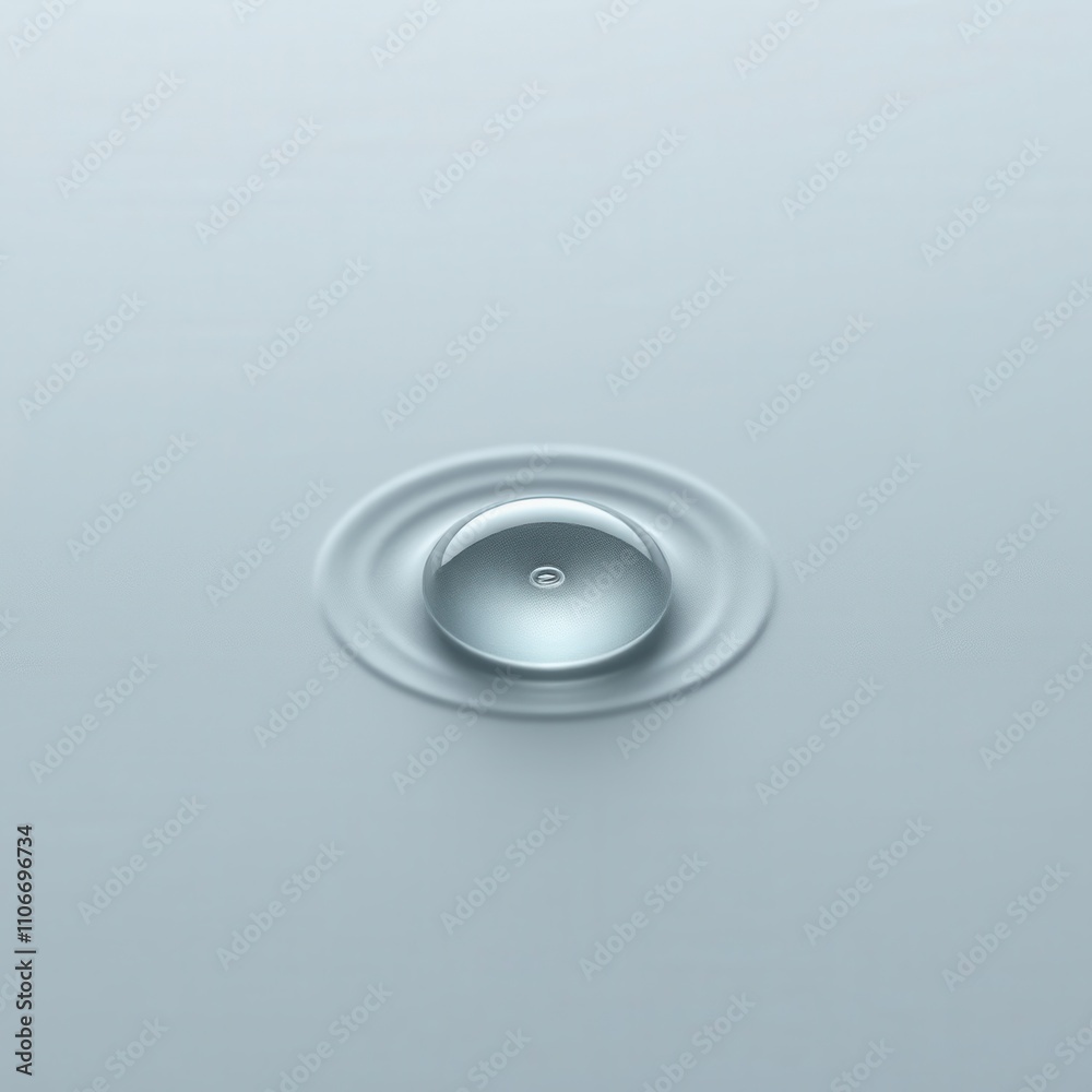 A single water drop on a surface, with a subtle ripple effect, tiny droplets, isolated subject, reflective surface, vector realistic, liquid particles