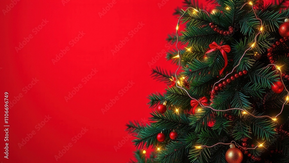 A single string of lights draped around the branch of a decorated Christmas tree against a vibrant red background, festive decoration, Christmas tree ornament, decoration, holiday gift