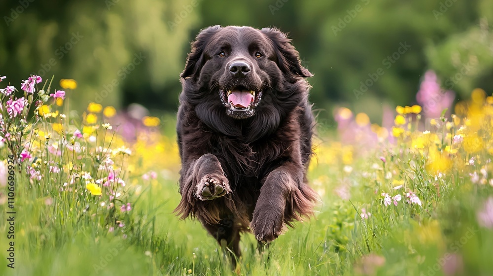 Joyful Black Dog Running Through a Field of Wildflowers Joyful Black Dog Running Through a Field of Wildflowers