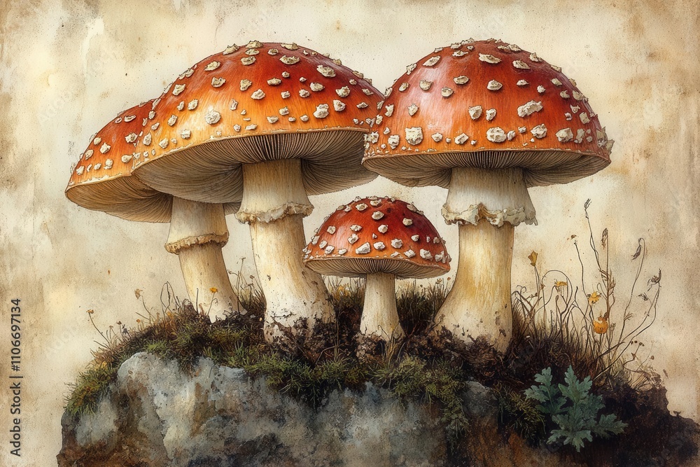 Obraz premium vintage illustration of amanita mushrooms intricately detailed, showcasing their unique shapes and patterns, set against a muted background that enhances their earthy tones and natural beauty