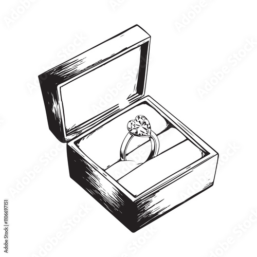 Diamond Heart Ring image. Wedding ring with a heart diamond in a jewelry box stock image vector isolated on white background