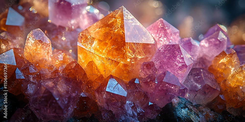 A close-up of vibrant orange and purple crystals, showcasing their intricate facets and natural beauty, set against a softly blurred background. A close-up of vibrant orange and purple crystals, showcasing their intricate facets and natural beauty, set against a softly blurred background.