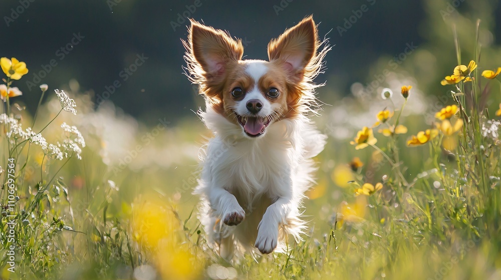 Joyful Cavalier King Charles Spaniel Running Through a Flower Field Joyful Cavalier King Charles Spaniel Running Through a Flower Field
