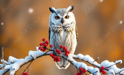 Snowy owl perched on snow-covered branch, red berries, winter scene, soft bokeh background, sharp focus, high detail, natural lighting, serene and peaceful atmosphere.
 photo