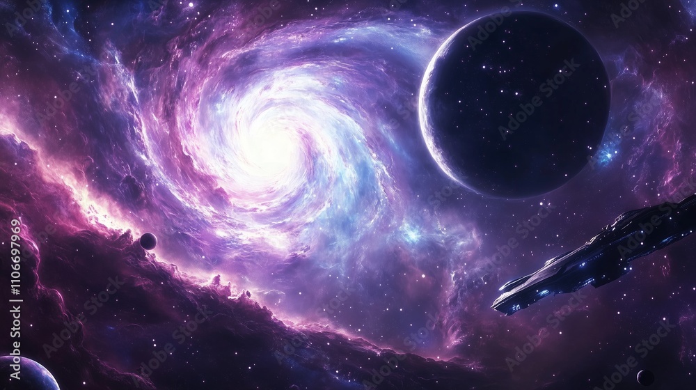 A stunning galaxy view features vibrant nebulae, a black hole, and a sleek spaceship amid twinkling stars. A stunning galaxy view features vibrant nebulae, a black hole, and a sleek spaceship amid twinkling stars.