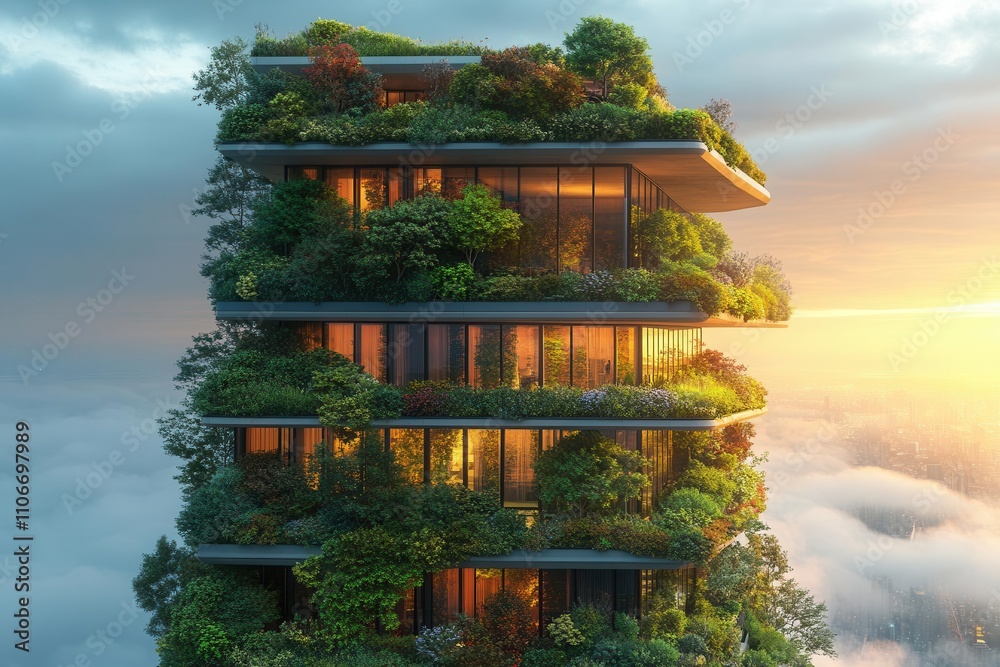 Obraz premium visionary cityscape promoting environmental awareness with vertical forests adorning skyscrapers, blending nature with urban life in a stunning display of sustainable architecture
