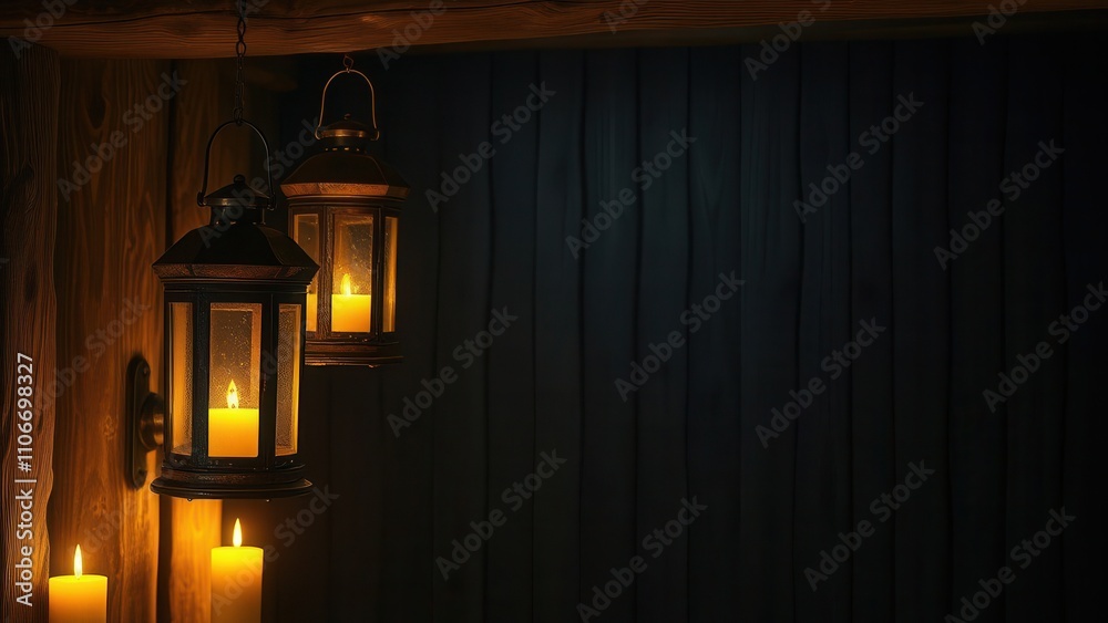 Dark wood planks background with several old wooden lanterns and candles lit , lantern, candlelight, inviting, warm Dark wood planks background with several old wooden lanterns and candles lit , lantern, candlelight, inviting, warm