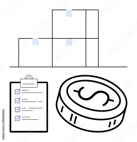 Stacked storage boxes, clipboard checklist with checkmarks, and dollar coin. Ideal for logistics, inventory, supply chain, warehousing, shipping finance auditing themes. Line metaphor
