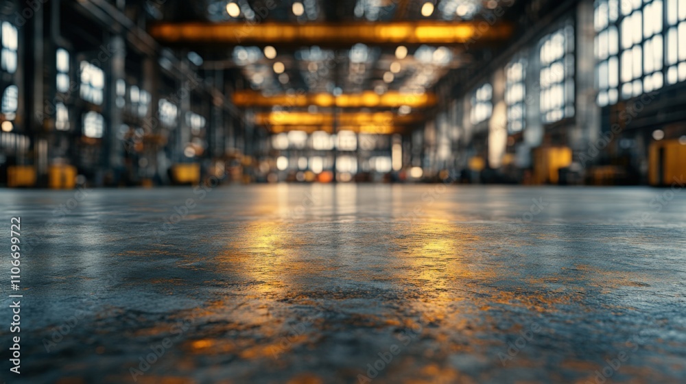 Fototapeta premium A close-up view of a polished industrial floor with soft lighting in a factory.